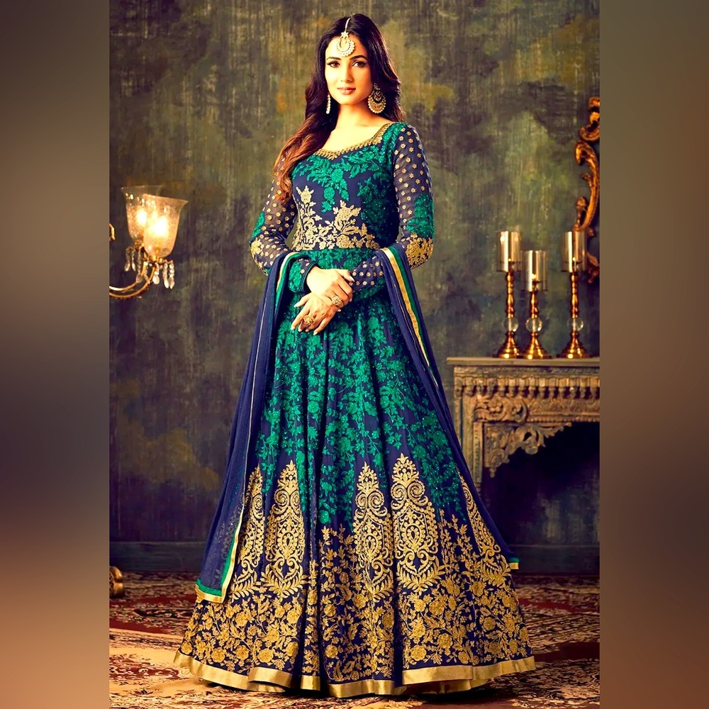 Blue and Green Embroidered Georgette Anarkali Suit